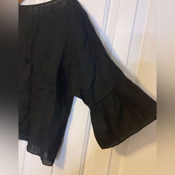 Three Dots 100% Linen Black Peplum Bell Sleeve Boxy Black Blouse Top Made USA - Picture 4 of 8